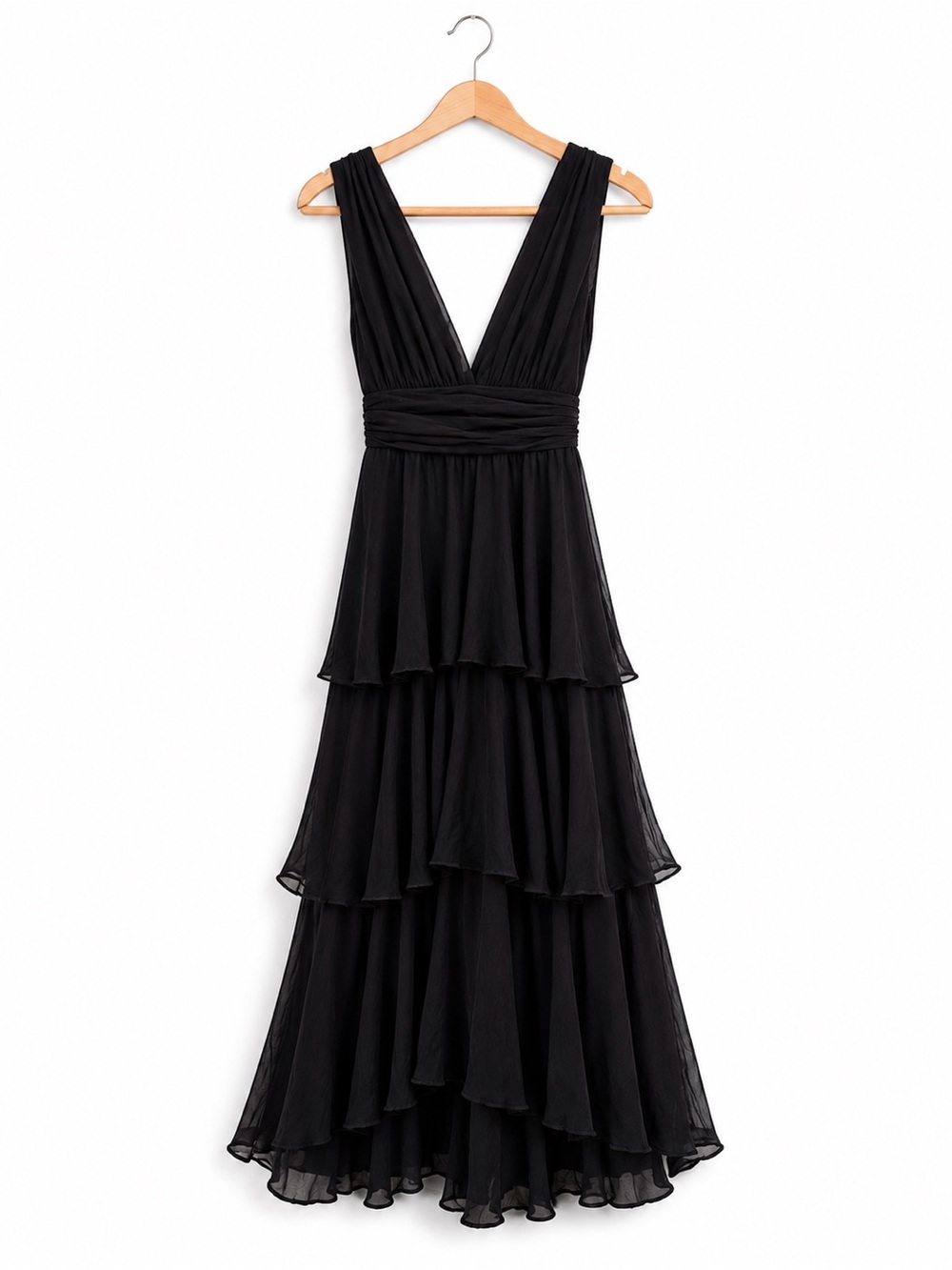 Black Tiered V-Neck Evening Dress